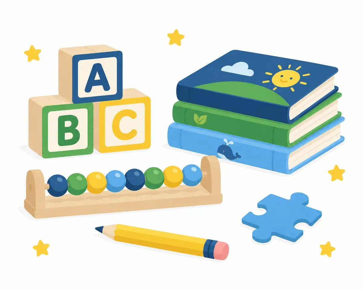 Illustration of children's learning materials: alphabet blocks, counting beads, picture books, a pencil and a puzzle piece.
